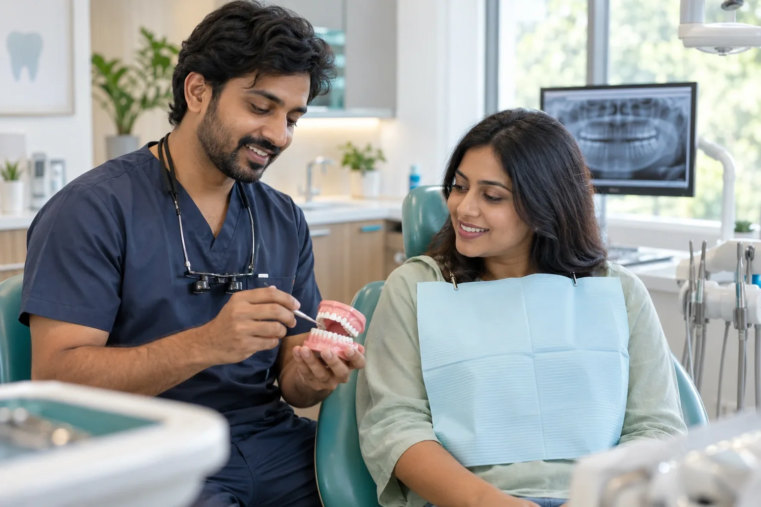 A dentist explains a dental model to an adult patient in a bright contemporary clinic.